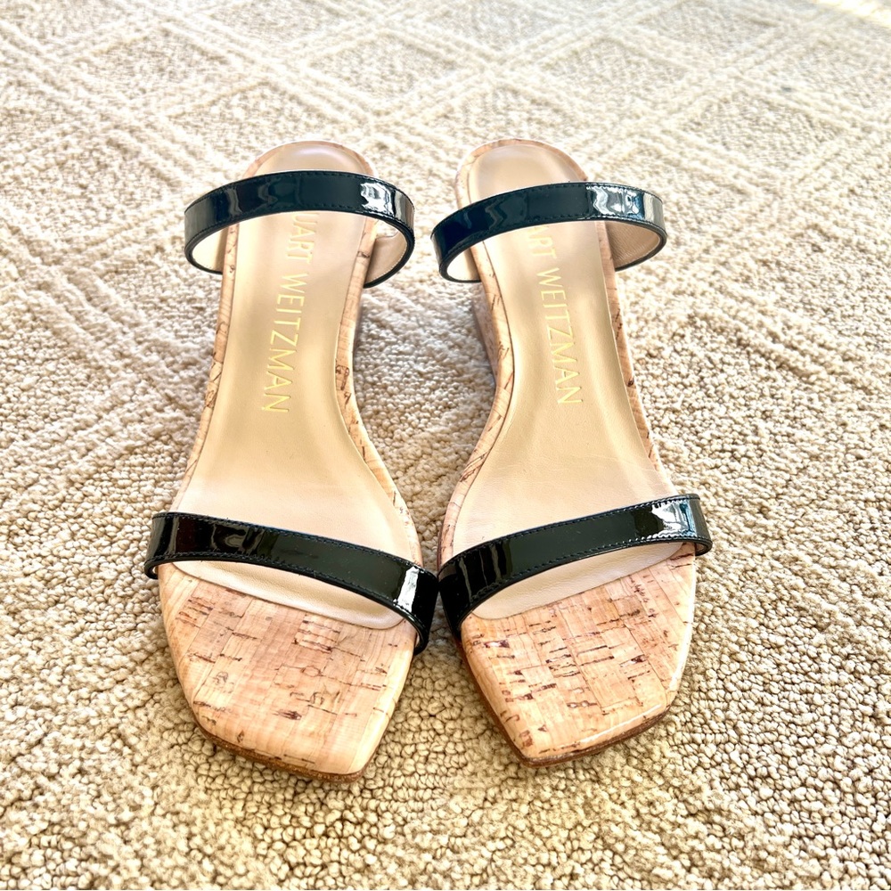 Stuart Weitzman Black Patent Cork Wedge Sandals - Picture 4 of 8